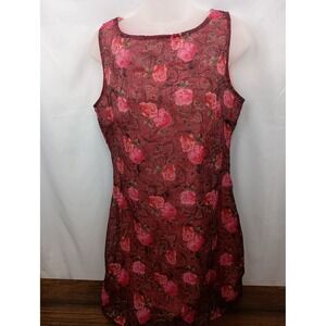 vintage M red pink floral rose party midi dress romantic valentines day